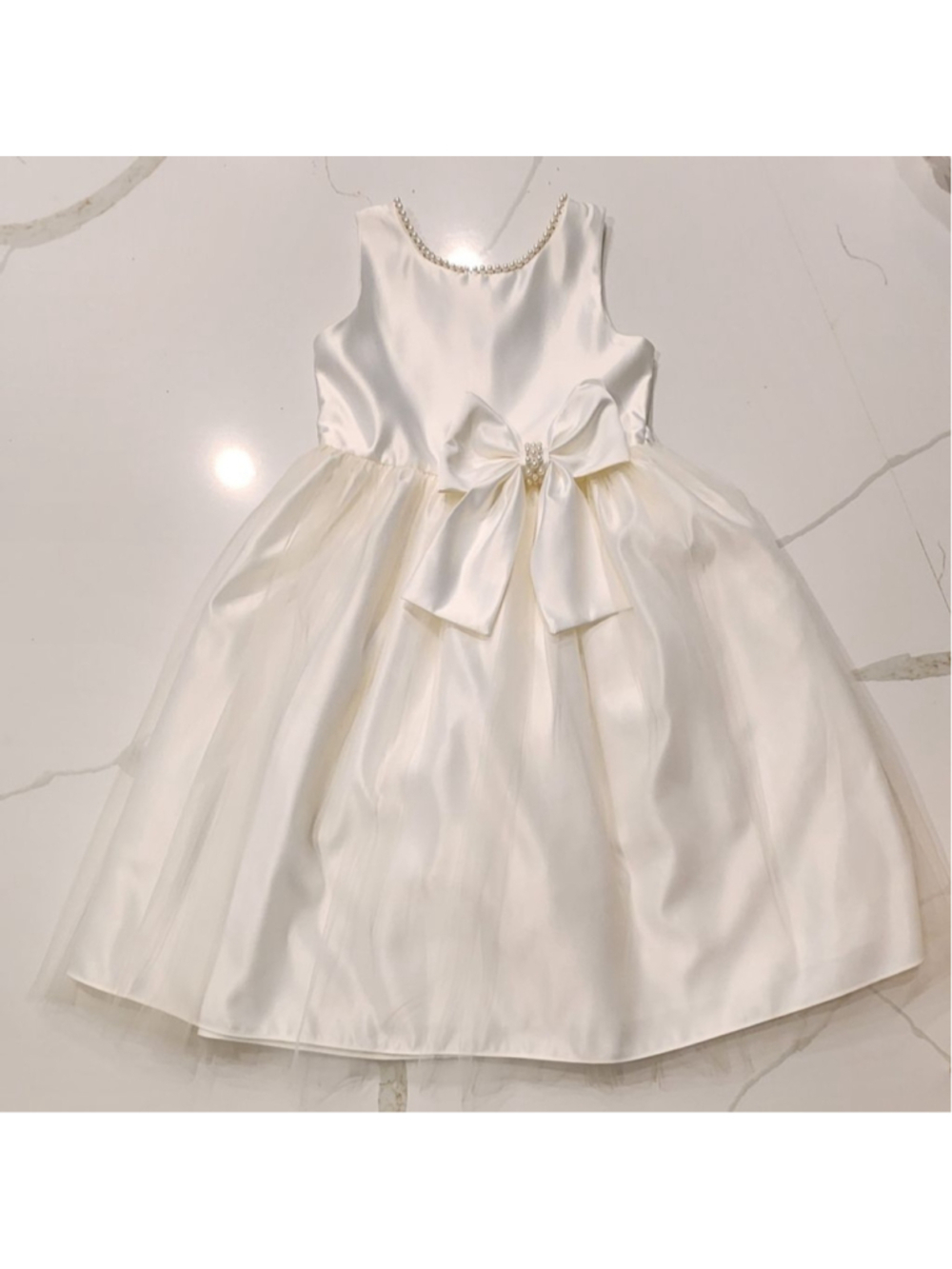 Sweet Kids Ivory Flower Girl Dress Size 8 Pearl Trim Satin Tulle Formal Wedding - Picture 2 of 10